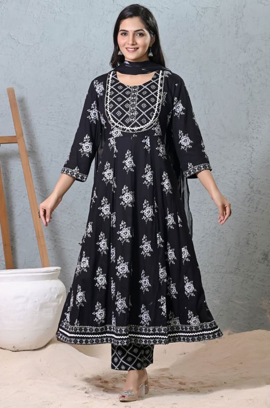 Black Rayon Plus Size Readymade Anarkali Suit
