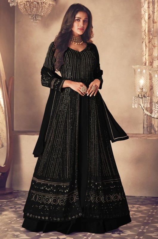 Black Resham Embroidered Georgette Lehenga Kameez