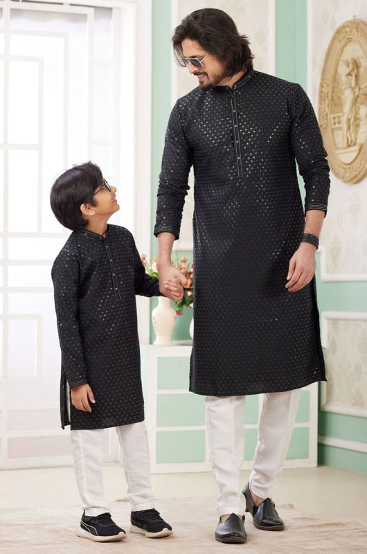 Black Sequins Embroidered Art Silk Kurta Set Combo