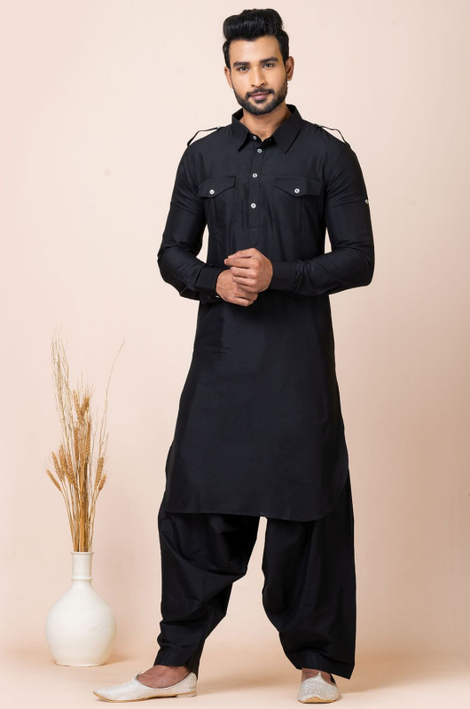 Black Silk Viscose Pathani Kurta Set