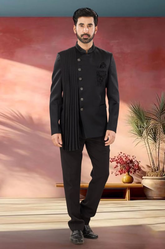 Black Suiting Fabric Mens Jodhpuri Suit