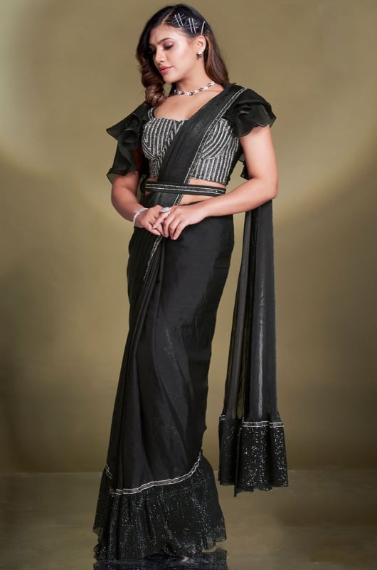 Black Two Tone Satin Silk Sequins Ready to Wear Saree
