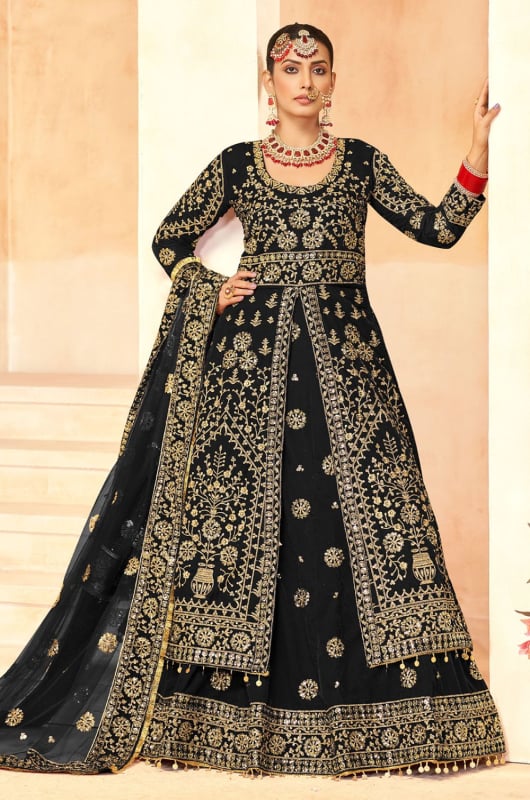 Black Velvet Embroidered Lehenga Kameez Suit