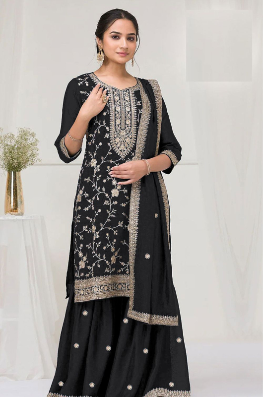 Black Vichitra Silk Designer Palazzo Kameez Suit