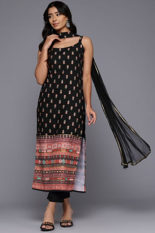 Black Viscose Rayon Readymade Pant Kameez Suit
