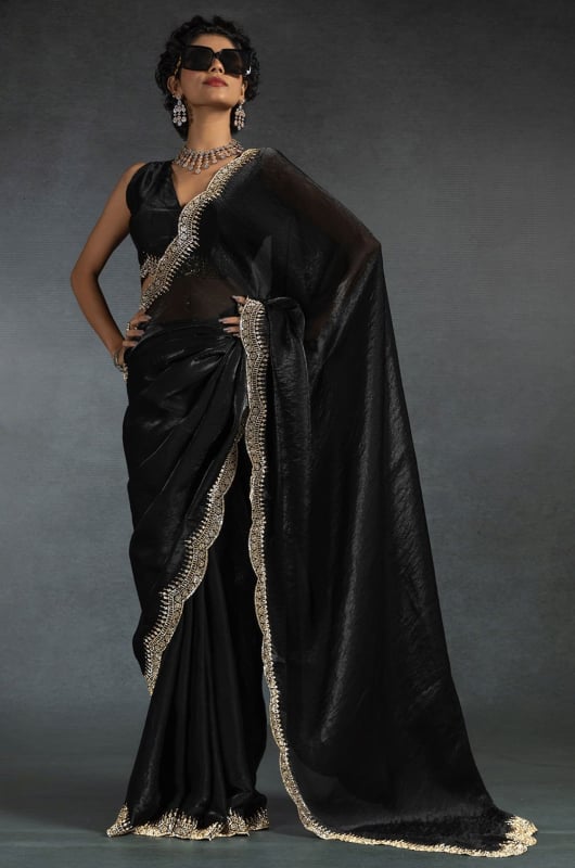 Black Zarkan Embellished Satin Silk Saree