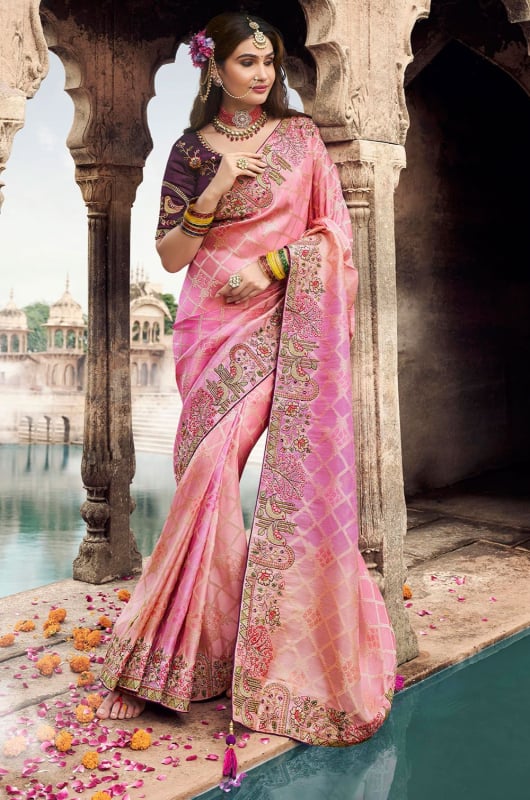 Blush Peach and Lilac Pink Embroidered Silk Designer Saree