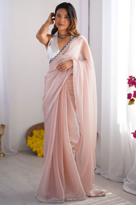 Blush Peach Embellished Burberry Silk Saree