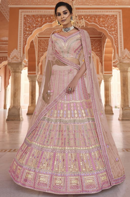 Blush Peach Embroidered Organza Lehenga Choli for Wedding