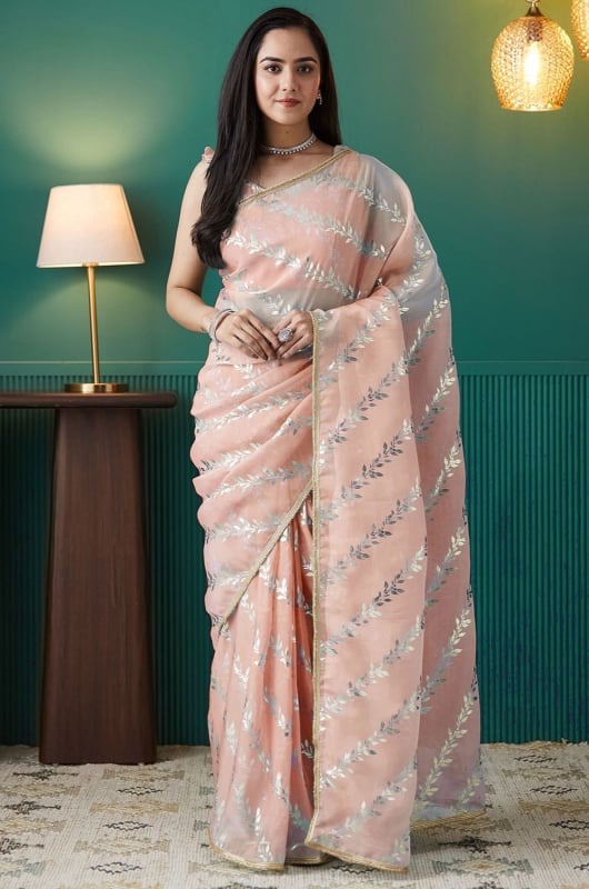Blush Peach Foil Print Organza Ready to Wear Saree