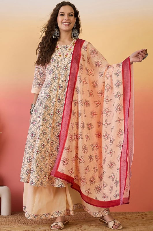 Blush Peach Khadi Silk Readymade Palazzo Kameez