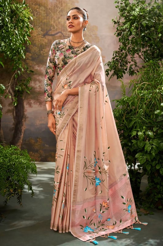Blush Peach Linen Tissue Kalamkari Printed Saree