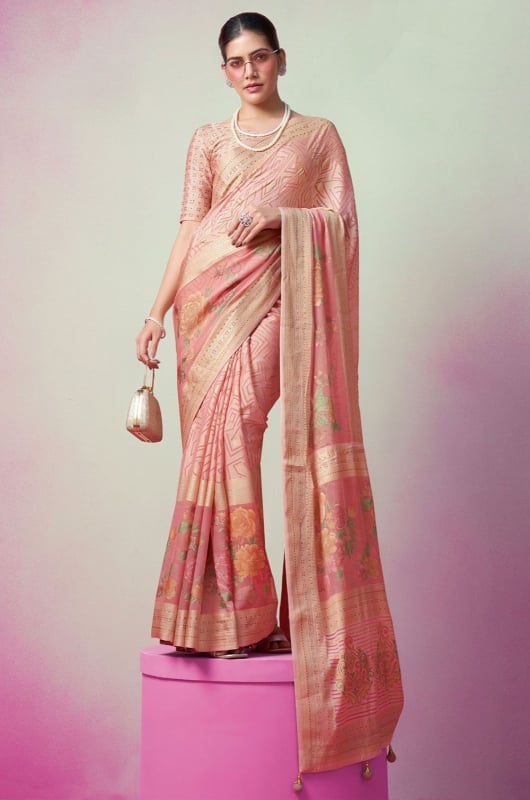Blush Peach Printed Viscose Georgette Saree