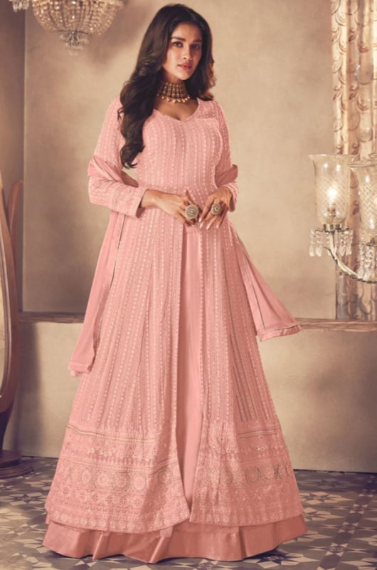 Blush Peach Resham Embroidered Georgette Lehenga Kameez