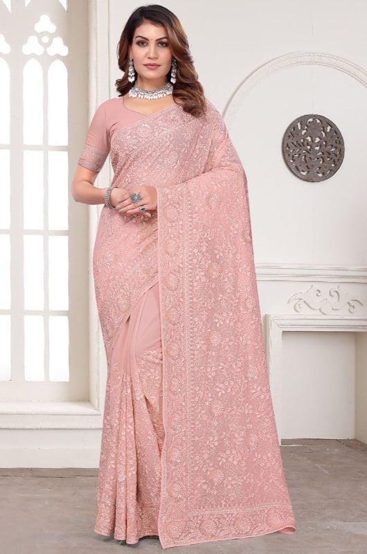 Blush Peach Resham Embroidered Georgette Saree