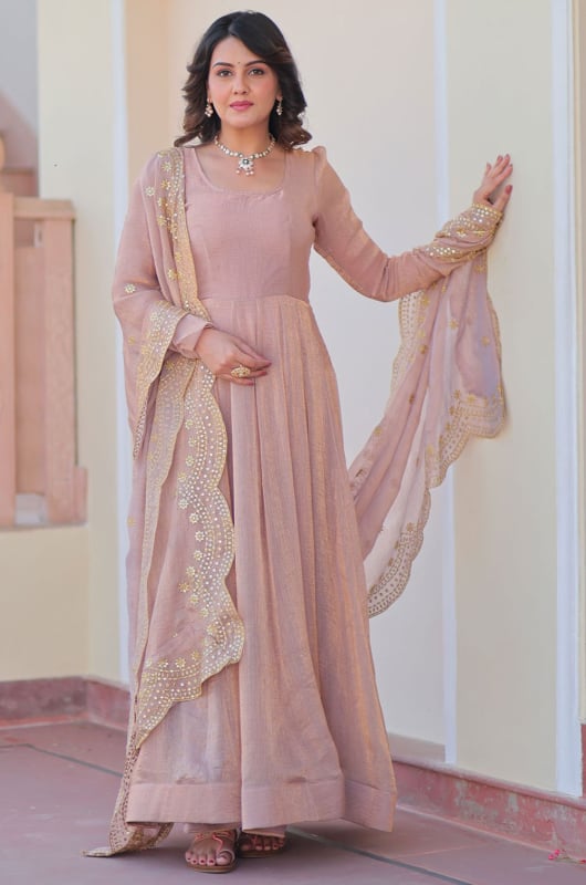 Blush Pink Embroidered Fendi Chiffon Anarkali Gown with Dupatta