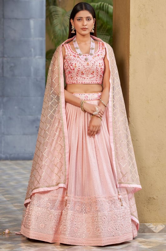 Blush Pink Embroidered Georgette Designer Lehenga Choli