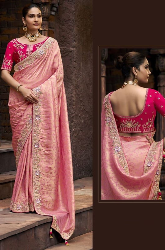 Blush Pink Embroidered Viscose Tissue Designer Saree