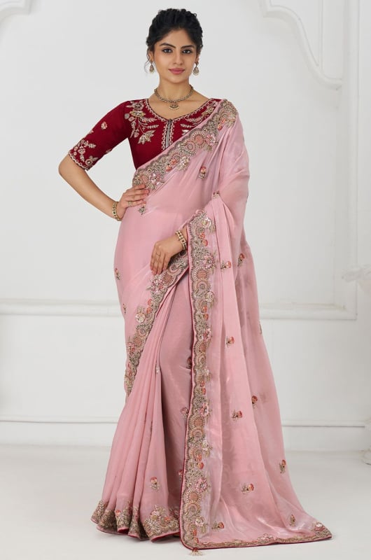 Blush Pink Handwork Pure Fendy Silk Designer Saree