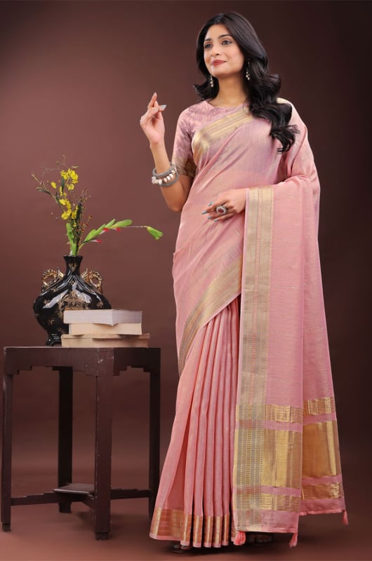 Blush Pink Organza Woven Saree