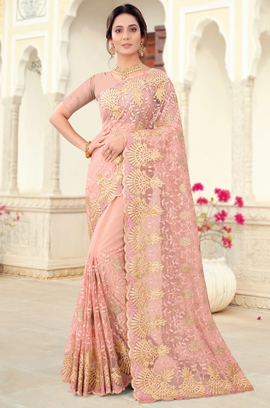Blush Pink Resham Embroidered Net Saree
