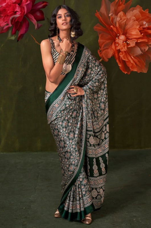 Bottle Green Ajrakh Print Satin Crepe Saree