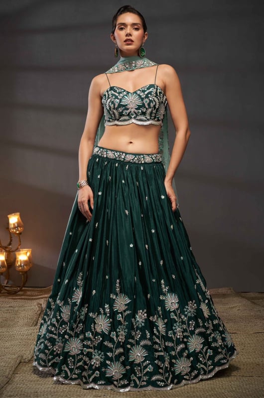 Bottle Green Embroidered Designer Lehenga Choli Set for Ceremonial