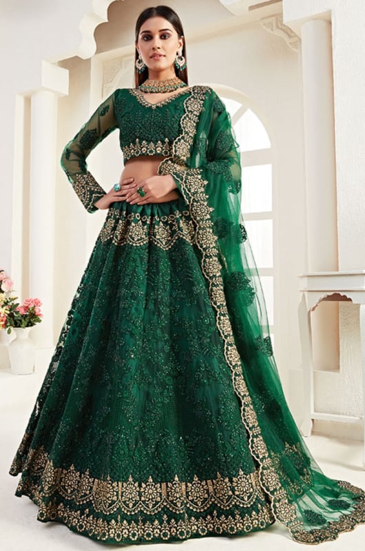 Bottle Green Embroidered Net Bridal Lehenga Choli for Wedding