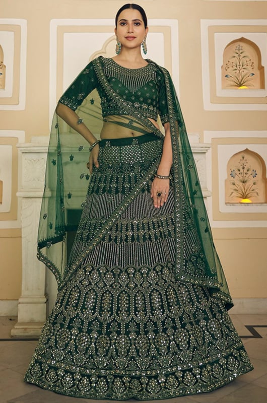 Bottle Green Mirror Work Net Lehenga Choli for Wedding