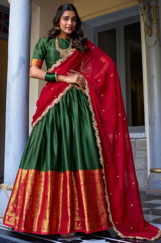 Bottle Green Narayan Pattu Lehenga Choli for Ceremonial