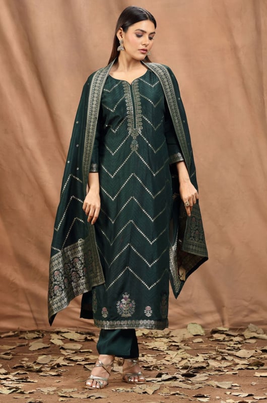 Bottle Green Silk Readymade Suit