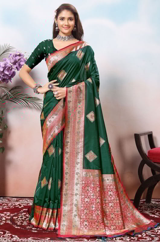 Bottle Green Soft Silk Saree with Jacquard Border