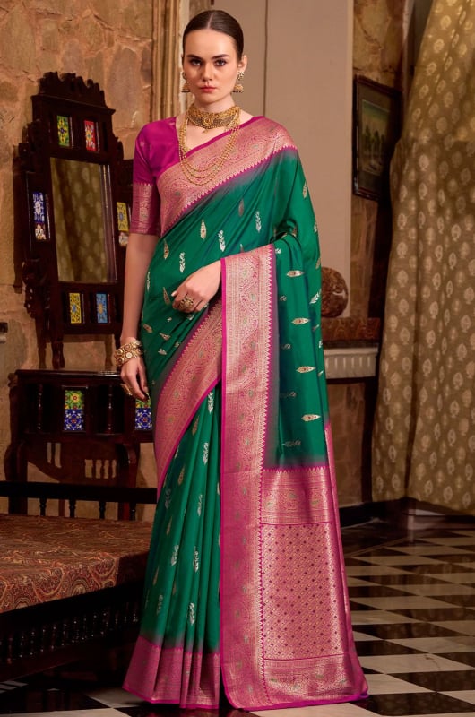 Bottle Green Soft Silk Saree with Zari Weaving