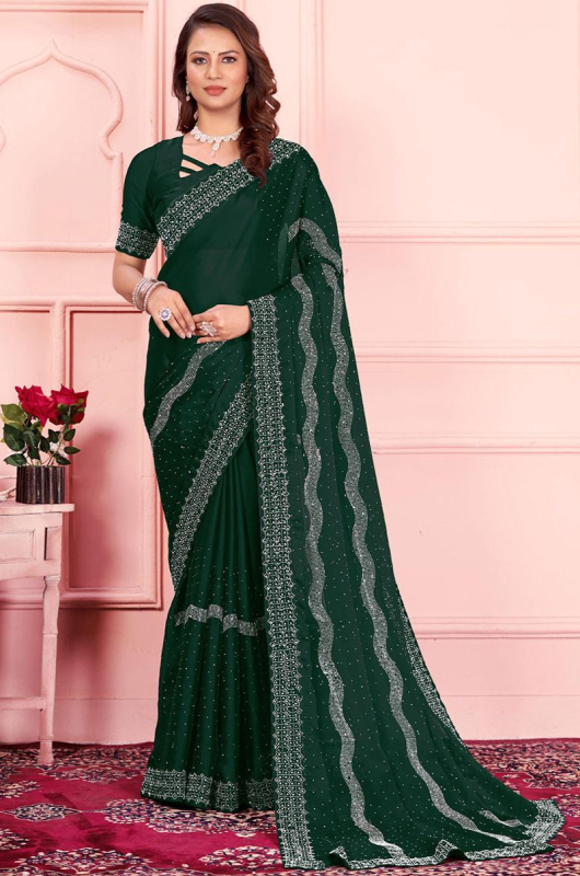 Bottle Green Stones Embroidered Art Silk Saree