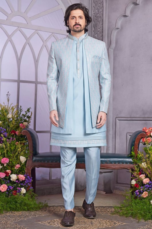 Breeze Blue Embroidered Art Silk Indo Western