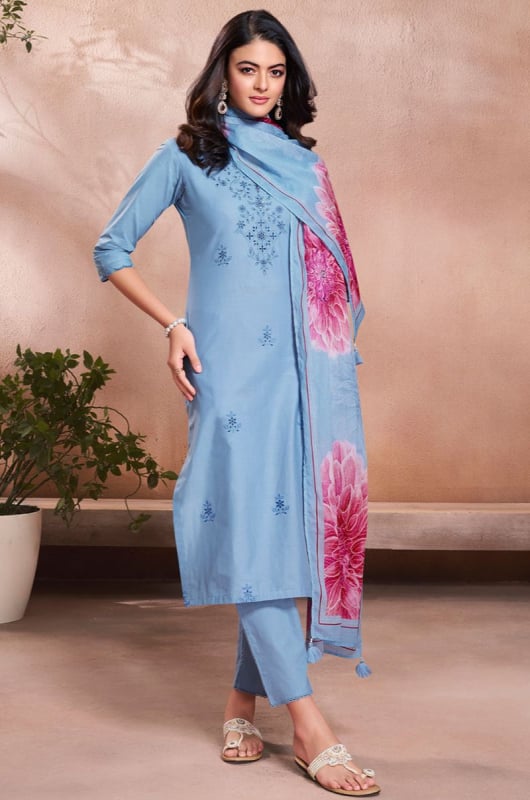 Breeze Blue Embroidered Cotton Readymade Pant Kameez