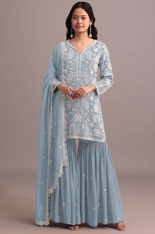 Breeze Blue Embroidered Faux Georgette Sarara Kameez