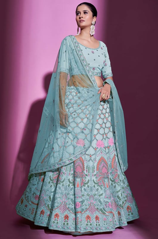 Breeze Blue Embroidered Georgette Designer Lehenga Choli for Wedding