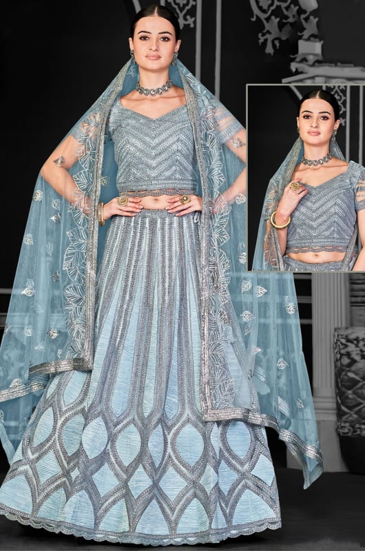 Breeze Blue Net Semi Stitched Lehenga Choli and Dupatta