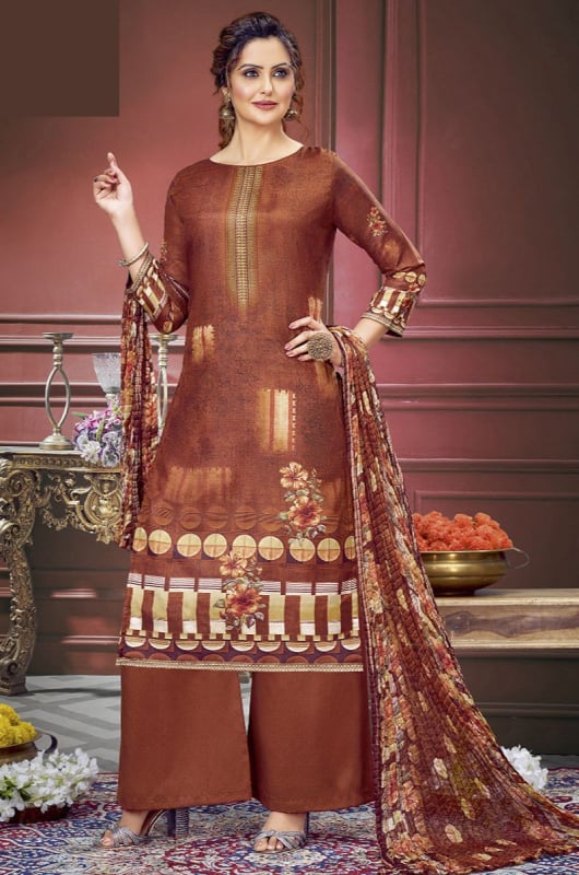 Brown Digital Print Pure Muslin Palazzo Kameez