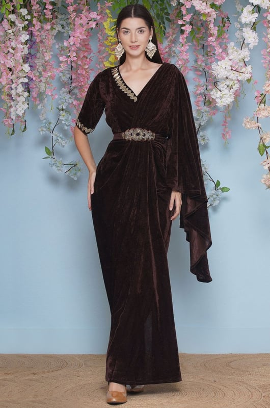 Brown Hand Embellished Gown with Drape and Belt