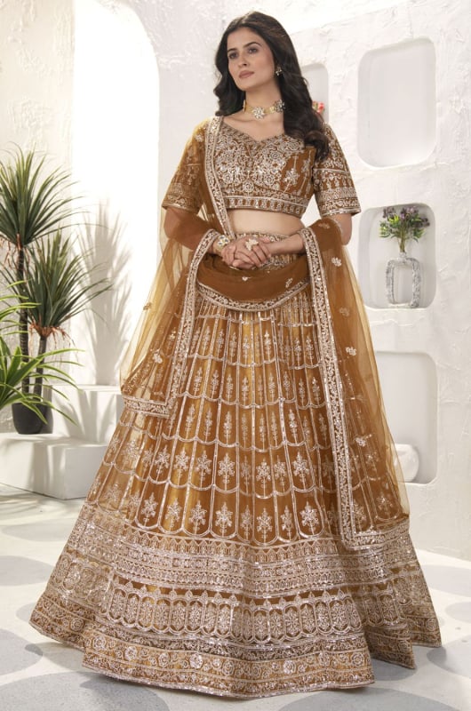 Brown Heavy Embroidered Designer Lehenga Choli Set for Ceremonial