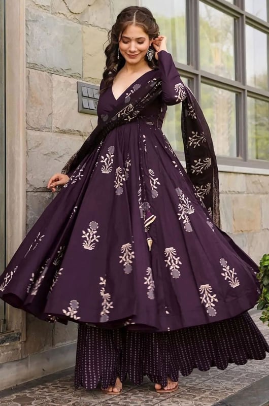 Burgundy Digital Print Muslin Plus Size Suit