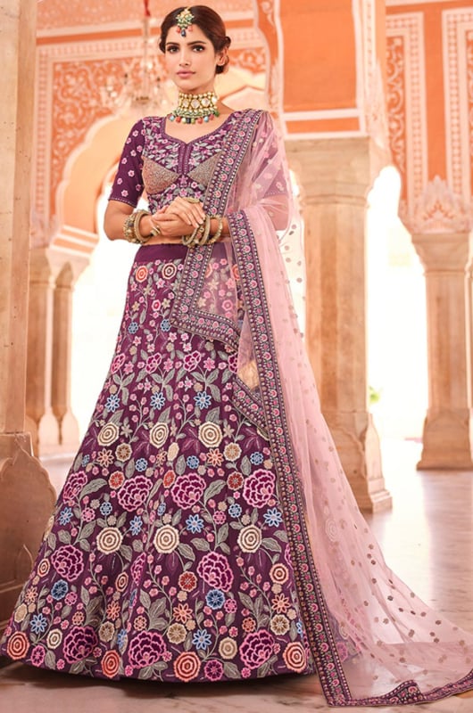 Burgundy Embroidered Crepe Lehenga Choli for Wedding