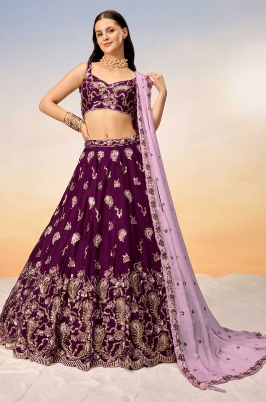 Burgundy Embroidered Designer Lehenga Choli Set for Ceremonial