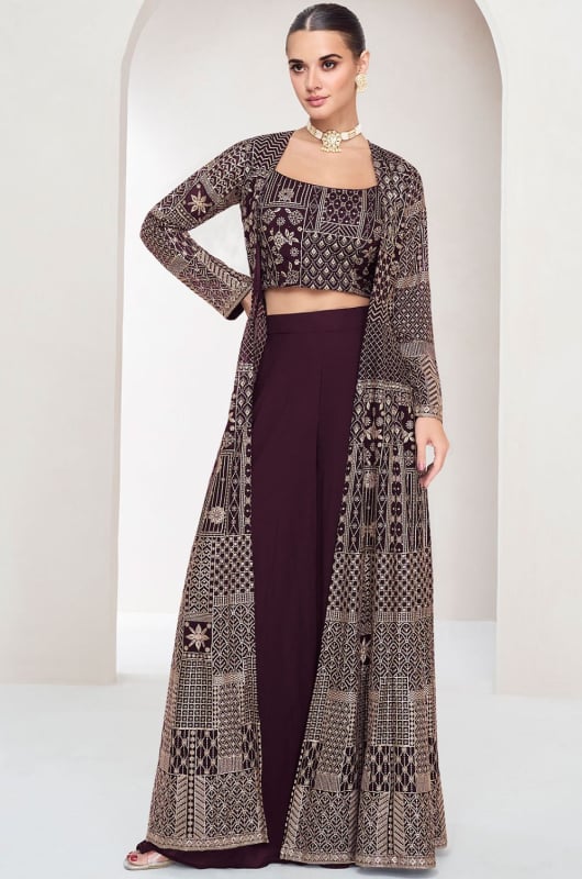 Burgundy Embroidered Georgette Designer IndoWestern