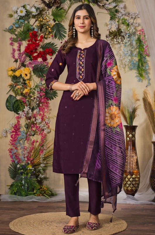 Burgundy Embroidered Roman Silk Pant Kameez