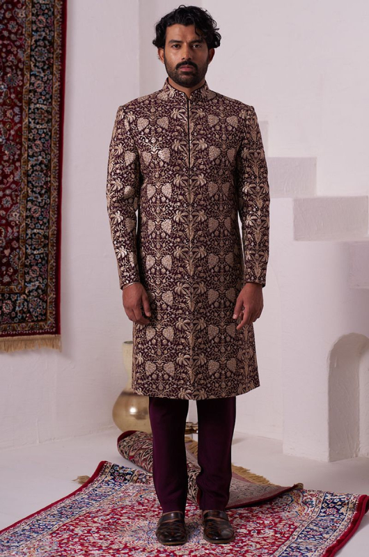 Burgundy Embroidered Silk Designer Sherwani