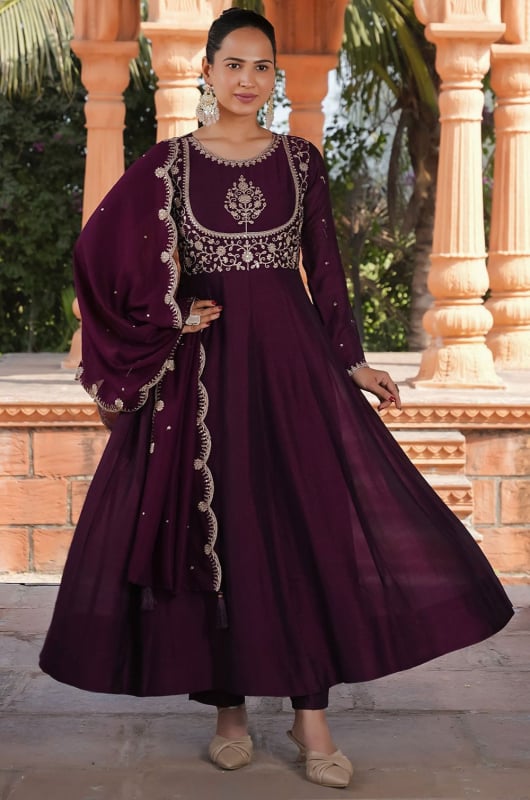 Burgundy Embroidered Silk Readymade Anarkali Suit