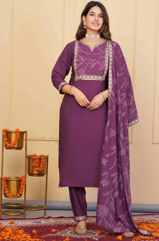 Burgundy Embroidered Viscose Chanderi Readymade Suit